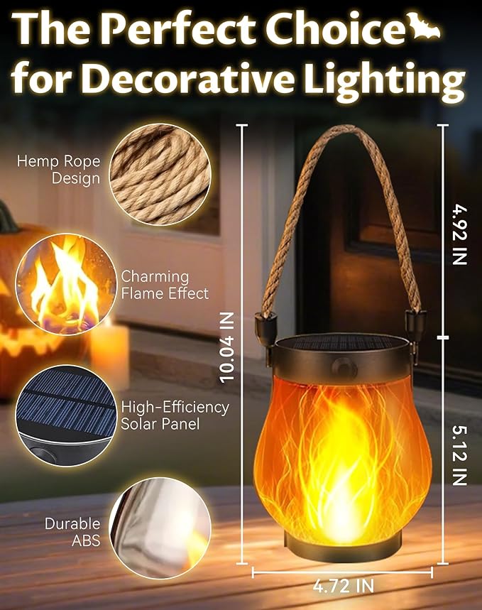 Kaliqo Solar Lantern Outdoor Lights - Official, Waterproof Kaliqo Solar Flame Lights Hangable with Dancing Flame, Hemp Rope Hanging Flame Lanterns,Dual Charging Modes, Smokeless (2pcs)