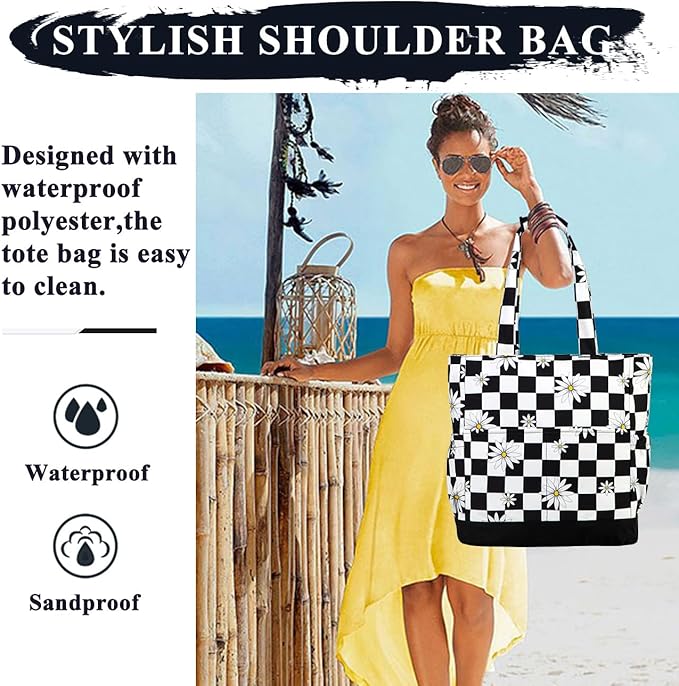 VASCHY Beach Bag for Women, Large Waterproof Sandproof Fold-able Packable Pool Tote Bag w Zipper/Pockets