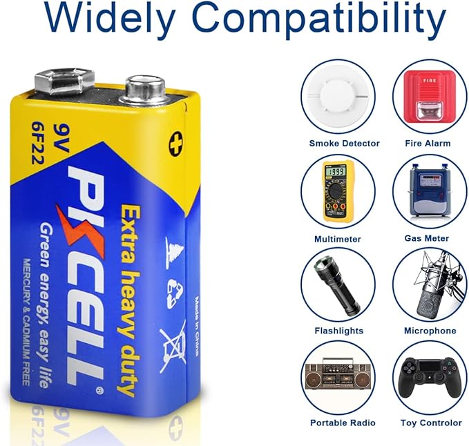 PKCELL 9V Battery Carbon Zinc for Smoke Detectors 6F22 Battery,Ultra Long-Lasting