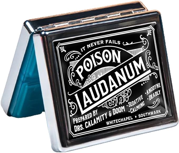 Silver Vintage Pill Box 7 Day Metal Pill Box with Mirror and 8 Compartments Cute Travel Pill Organizer for Purse (Vintage Halloween Label)
