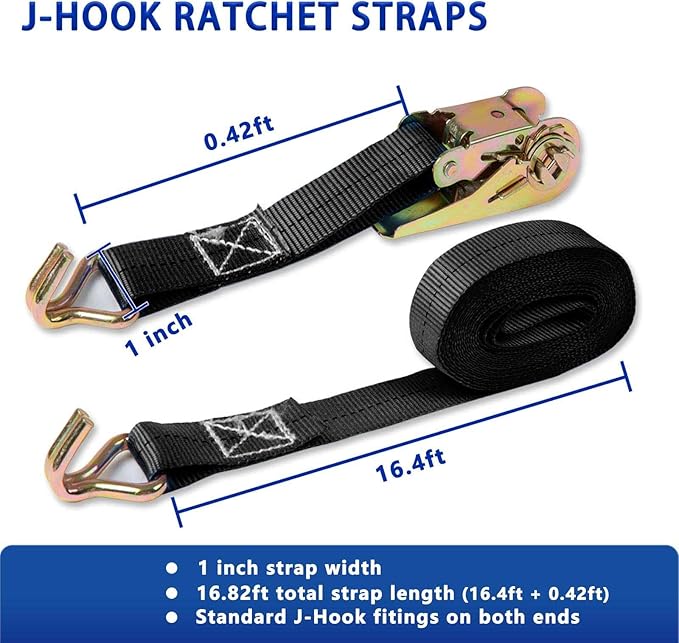 Black Ratchet Straps (4-Pack), 1 Inch x 16.4 Feet (2200lb Break Strength) with Sturdy Metal Hooks, 1x Work Gloves, Heavy Duty Tie Down Straps for Truck, Cargo Trailer, Motorcycle, Luggage, Moving