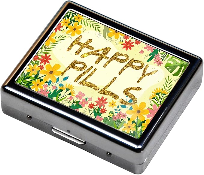 Silver Vintage Pill Box 7 Day Metal Pill Box with Mirror and 8 Compartments Cute Travel Pill Organizer for Purse (Happy Pills)