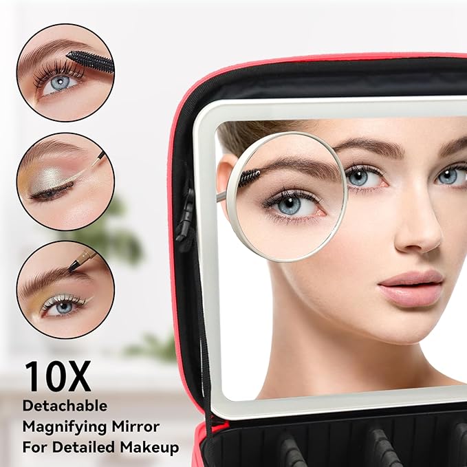 Travel Makeup Bag with LED Mirror and 10x magnifying glass with 3 Lighted Settings, Adjustable Dividers and Makeup Brush Storage Bag Light Red