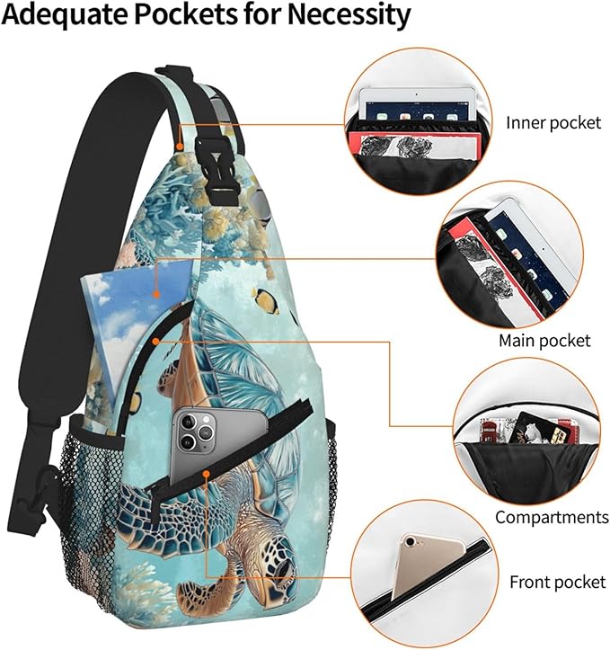 SUPLUCHOM Sling Bag Turtle Sea Coral Ocean Hiking Daypack Crossbody Shoulder Backpack Travel Chest Pack for Men Women