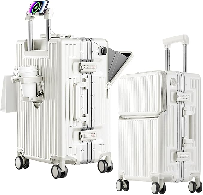 2-Piece Hardshell Zipperless Luggage Set, 20/26" Aluminum Frame Hardshell Spinner Luggage, Airline Approved Carry-On Luggage, TSA Lock, 360° Quiet Wheels With Cup Holder (White)
