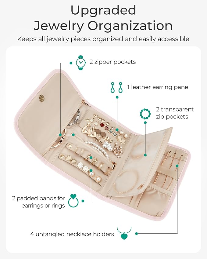 BAGSMART Travel Jewelry Organizer Case, Foldable Jewelry Roll for Necklaces, Earrings, Journey-Rings, Bracelets, Brooches, Portable, Beige
