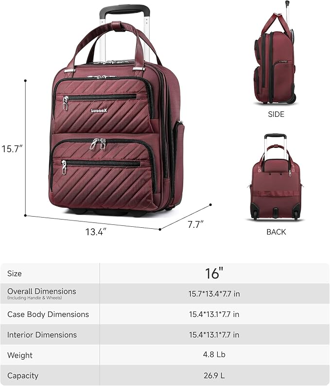 LUGGEX Underseat Carry On Luggage with Wheels, Stylish Lightweight Under Seat Luggage, Soft Sided Personal Item Suitcase for Short Trip (Dark Scarlet, 16 Inch)