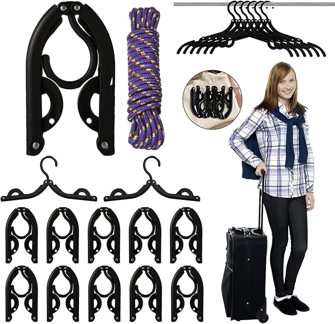 24 Pcs Black Travel Hangers Foldable for Suitcase, Portable Folding Clothes Hangers with Clothesline Travel Accessories, Cruise Ship Essentials Portable Foldable Hangers Drying Rack