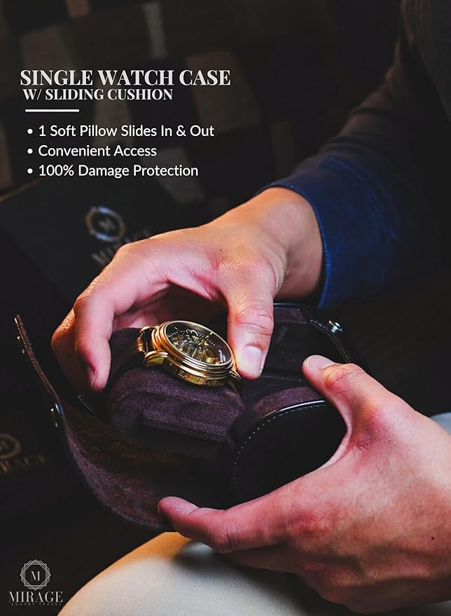 Single Watch Roll Travel Case - Watch Travel Case - Jade Black with Mahogany Interior- Swiss Motif Vegan Leather