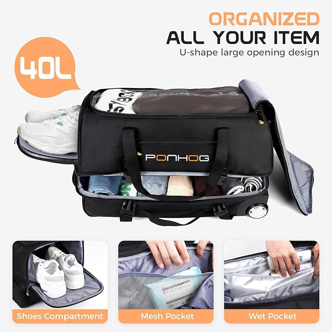 Rolling Duffle Bag with Wheels, Large Travel Duffel Bag with Shoe Compartment, Water Resistant Rolling Wheeled Luggage for Men Women Weekender Overnight Trip