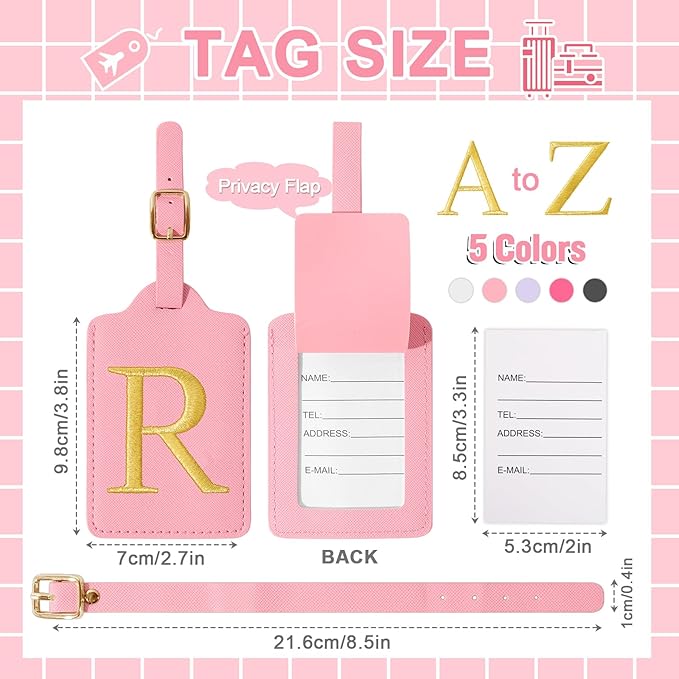 Personalized Initial Luggage Tags for Suitcase, Pink Leather Cute Luggage Tags with Privacy Cover Name Card, Embroidered Custom Monogrammed Luggage Tag Travel Bag Baggage Tags Gifts for Women Kids(R)