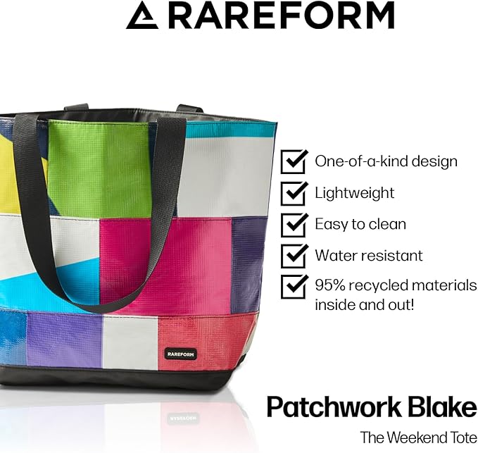 Rareform Large Zippered Blake Tote Bag | One-of-a-Kind, Water-Resistant, Recycled Billboard Vinyl | Color and Pattern Vary