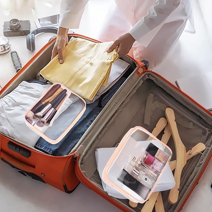 5Pcs Crystal Clear PVC Travel Toiletry Bag Kit for Women Men, Waterproof Vinyl Packing Organizer Storage Bags with Zipper Handle Straps, Cosmetic Pouch Carry on Airport Airline Compliant Bag Handbag