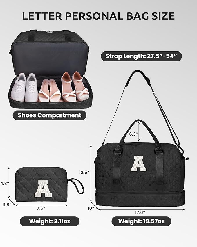 Gifts for Grandma-Initial Duffle Bag with Shoe Compartment, Personalized Weekender Bag, Monogram Overnight Bag, Letter Travel Bag with Makeup Bag，Daughter Friend Gifts (Letter P), Black