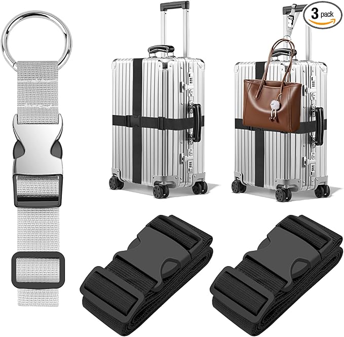 BILIONE 3Pcs Luggage Straps Set - 2 Suitcase Straps 70'' Long and 1 Add A Bag Strap, Adjustable Luggage Identifiers Nylon Travel Belt