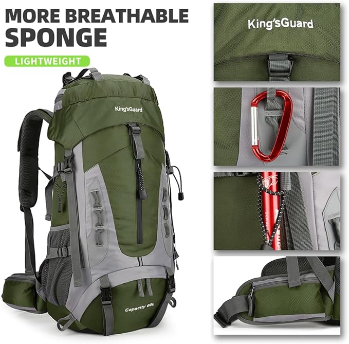 King'sGuard 60L Hiking Backpack Large Waterproof Camping Backpack for Men and Women Lightweight Frameless Backpacking Backpack with Rain Cover (Army Green)