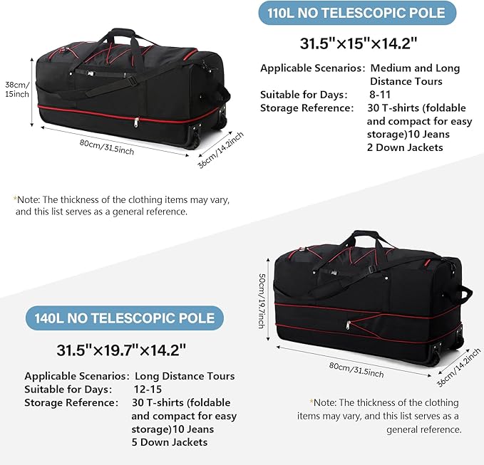 Rolling Duffle Bag with Wheels,110L/140L Expandable Soft-Sided Foldable Duffle Bag with 2 Rubber Wheels,Packable 32” Rolling Carry-On with Multi-Pockets & Compartments (Black Red)