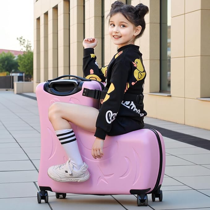 Hardside Ride on Kids Luggage with 4 Spinner Wheels for Girls and Boys,Rolling Childrens Travel Suitcase with Seat and Safety Belt for Toddler Ages 2-6,Verify Carry-on policy 21 Inch Pink