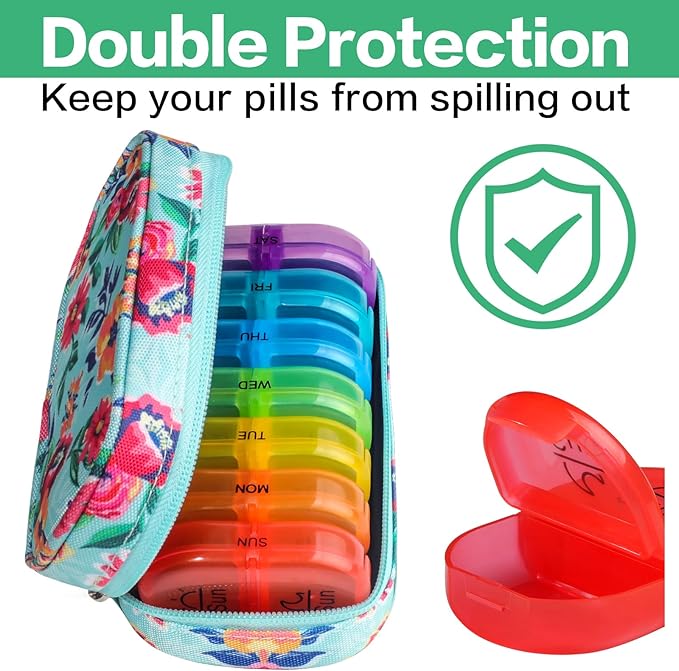 Serfeymi Weekly Travel Pill Organizer 2 Times A Day AM PM Upgraded Rainbow Pill Box 7 Day with Portable Zipper Canvas Pill Case, Medicine Organizer for Pills, Vitamins, Fish Oils - Green 01