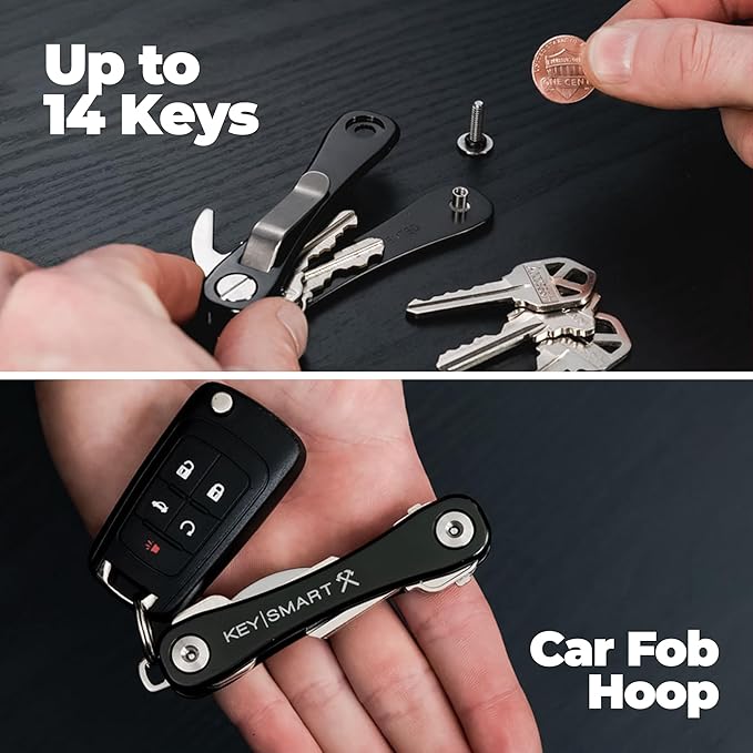 KeySmart Rugged - Multitool Key Holder for Keychain w/Bottle Opener and Pocket Clip, Organizer for Keys, EDC Keychains, Ring for Car Fobs Key Chains, Expandable (Up to 14 Keys, Black)