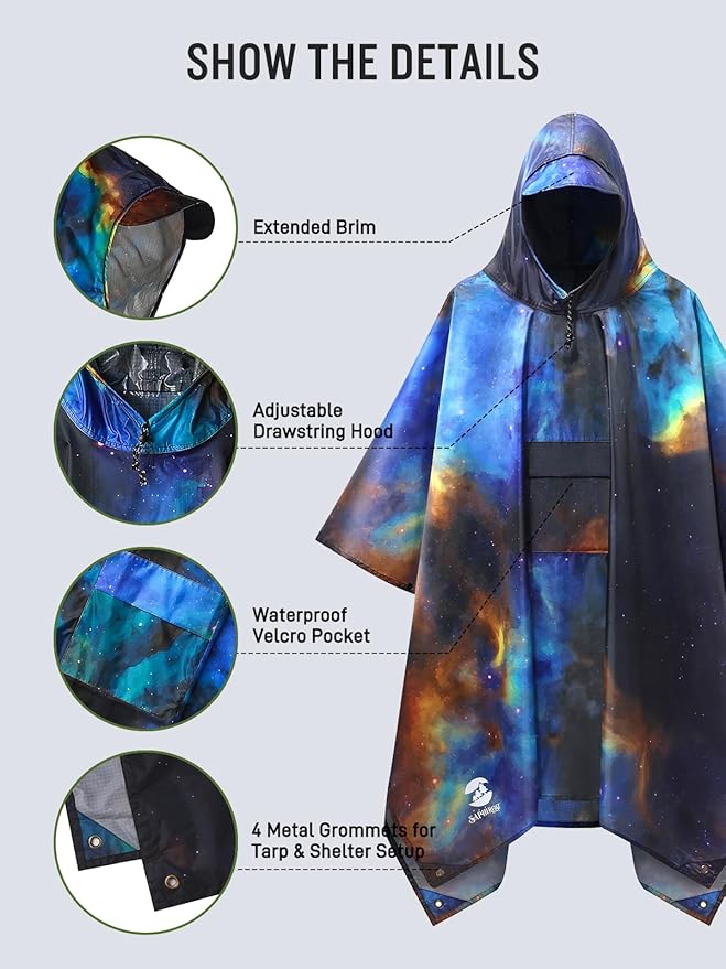 SaphiRose Extra Thick Hooded Rain Poncho Double Layer Waterproof Raincoat Jacket for Men Women Adults