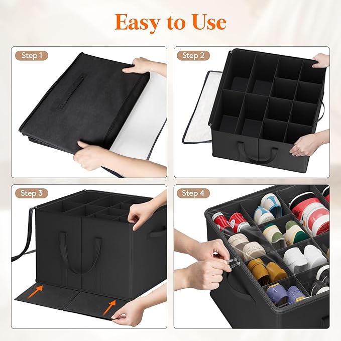 Lifewit Shoe Storage Organizer for Closet, Fits 12-16 Pairs, Large Shoe Box Storage Containers with Clear Cover and Reinforced Handles, Foldable Storage Bins Fit for Boots Heels Sneakers, 3 Pack Black
