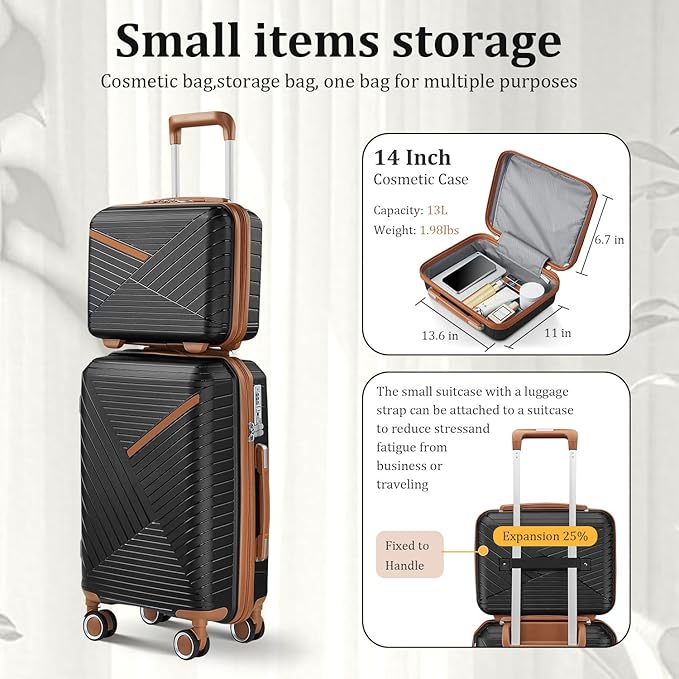 Campfun Luggage 4 Piece Sets, Expandable Carry On Luggage Set Hardshell PP, Suitcase Set with Double Spinner Wheels, Checked Durable Lightweight with TSA Lock, 14in 20in 24in 28in-Black Brown(B)