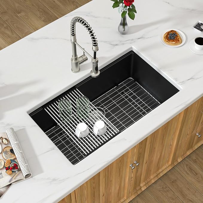 33 Inch Black Granite Composite Kitchen Sink Workstations Black Quartz Undermount Single Bowl Sink with Accessories Single Basin Large Capacity Noise Reduction Quiet Kitchen