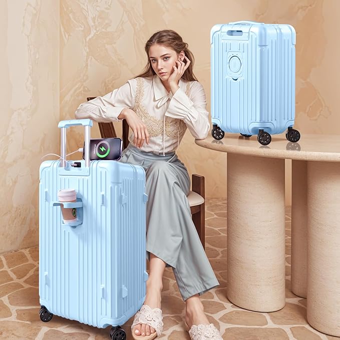Krute Carry on Luggage 20 Inch Suitcases with Spinner Wheels Hardside Luggages Cup Holder Carry Suitcase USB Charger Port PC+ABS with TSA Lock