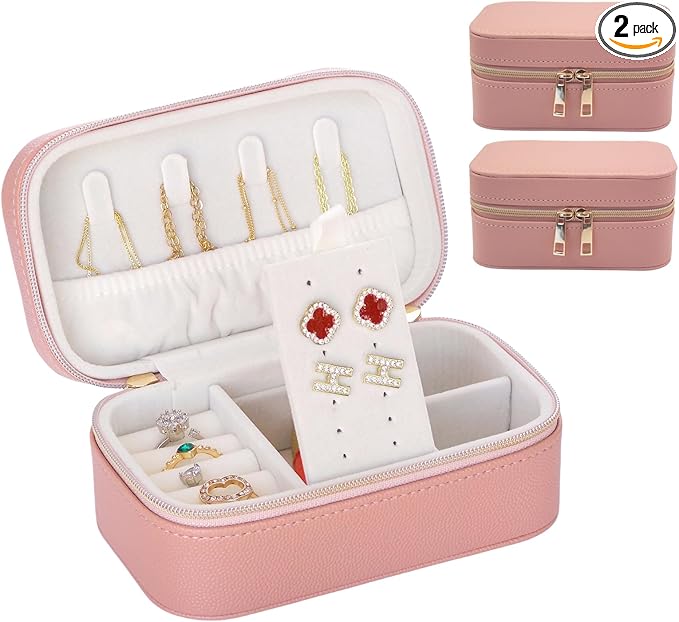 Travel Jewelry Case Bulk Of 2 For Women Weekend,Gold Zip, PU Leather Compact Jewelry Organizer For Earring Bracelets Pink Travel Jewelry Box Set Perfect For Small Bridesmaid Jewelry Box Gift