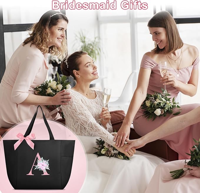 Vavabox Tote Bag, A-Z Initial Monogrammed Waterproof Tote Bag, Bridesmaid Gifts for Women, Black and Pink