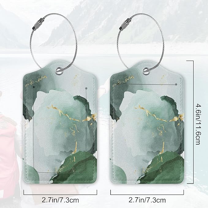 2Pcs Luggage Tag for Suitcase Green Ink Abstract Marble Cute Suitcase Tag with Privacy Flap & Name ID Label & Metal Loop,Travel Bag Luggage Tags for Women