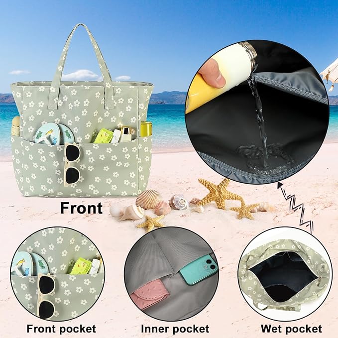 Waterproof Beach Tote Pool Bags for Women Ladies Extra Large Gym Tote Carry On Bag With Wet Compartment for Weekender Travel