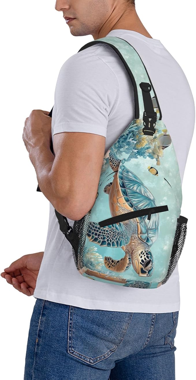 SUPLUCHOM Sling Bag Turtle Sea Coral Ocean Hiking Daypack Crossbody Shoulder Backpack Travel Chest Pack for Men Women