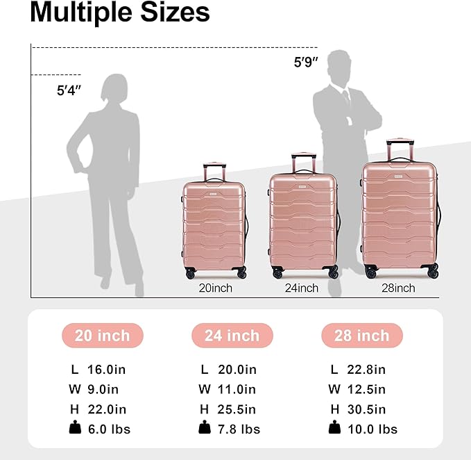 Luggage Set 3 Piece, PC+ABS Lightweight Suitcase Sets with Spinner Wheels, Hard shell Luggage Sets with TSA Lock RoseGold (20/24/28)