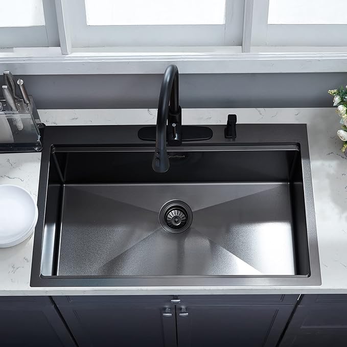 Kitchen Sink, 33 x 22 Drop in Kitchen Sink Gunmetal Black 16 Gauge Stainless Steel Kitchen Sinks Single Bowl Workstation Sink with Cutting Board