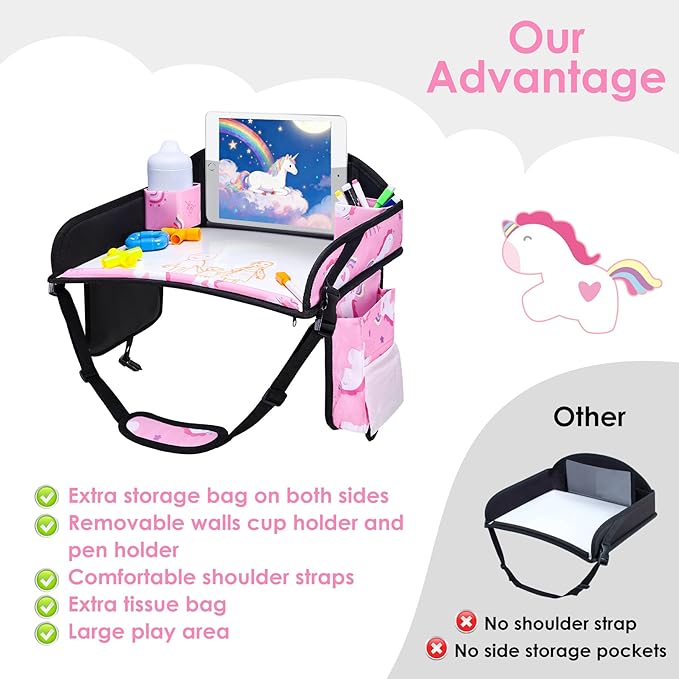 Kids Travel Tray, Car Seat Tray for kids Travel, Toddler Road Trip Essentials With Drawing Kit, Toddler Lap Desk Organizer for Car, Carseat Table for Airplane