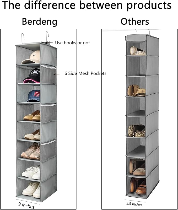 Hanging Shoe Organizer for Closet with Side Mesh Pockets，Hat Racks for Baseball Caps，Shoe and Hat Holder & Storage，8-Shelf，Gray，1 Pack