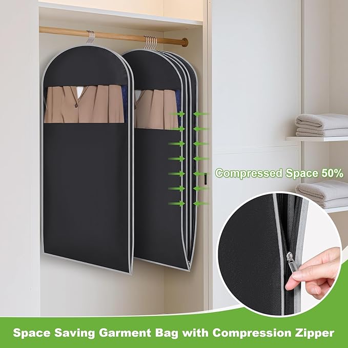 KEEGH Space Saving Hanging Garment Bag with Self Compression Zipper, 50 Inch Garment Bags for Hanging Clothes with Clear Window, Suit Bags for Closet Storage (3 Pack)