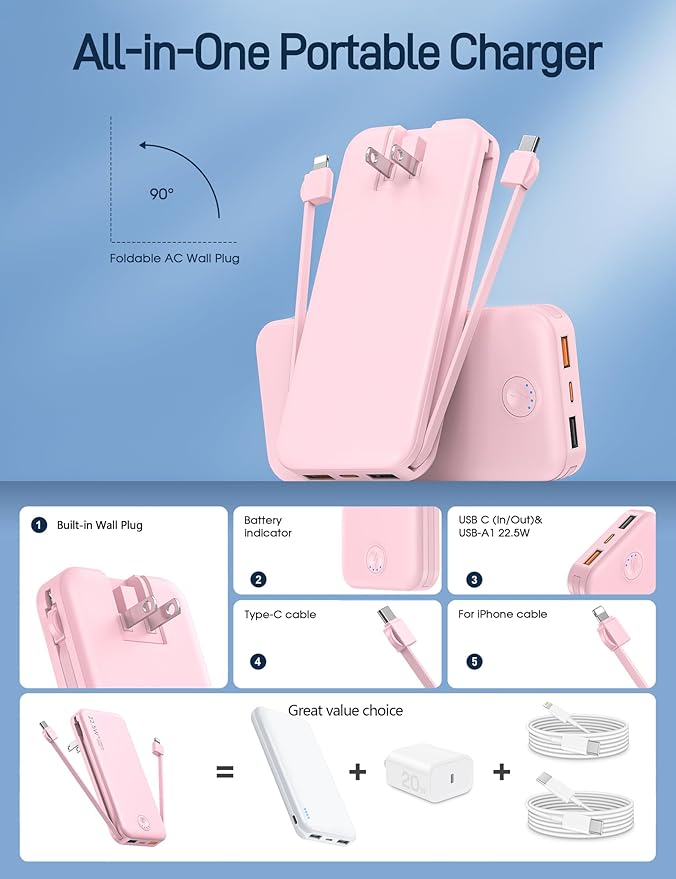 Portable Charger with Built in Cable and AC Wall Plug, USB C Power Bank 12000mAh 22.5W Super Fast Charging, Lightweight Portable Phone Charger Travel Battery Pack for iPhone, ect