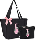 Vavabox Tote Bag, A-Z Initial Monogrammed Waterproof Tote Bag, Bridesmaid Gifts for Women, Black and Pink