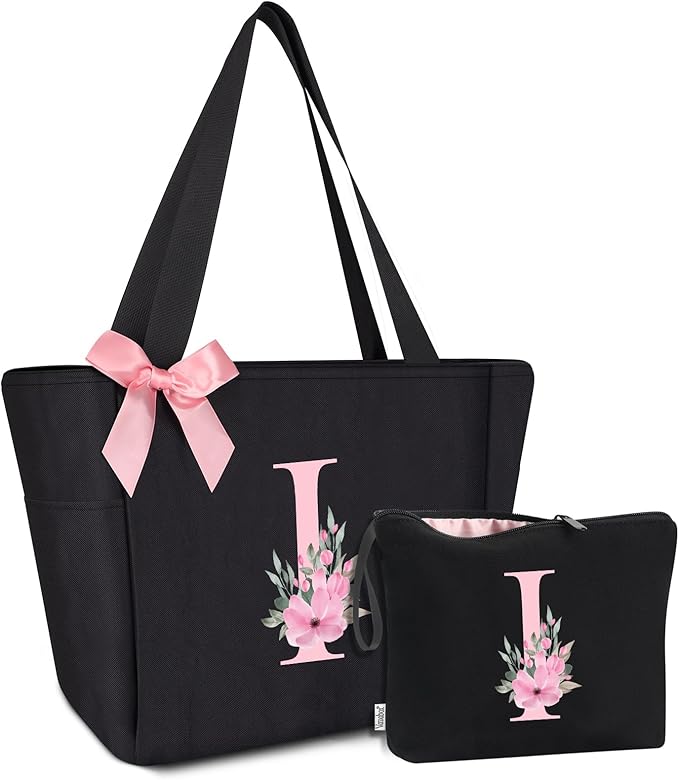 Vavabox Tote Bag, A-Z Initial Monogrammed Waterproof Tote Bag, Bridesmaid Gifts for Women, Black and Pink