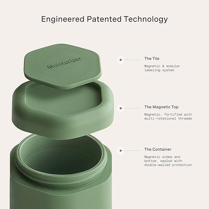 Cadence Travel Containers - Full Skincare Set - Magnetic Containers with Lids,Carry On Travel Essentials For Women/Men - 2 Small (0.56oz), 4 Medium Capsules (1.32oz), & Extender (1.43oz) - Evergreen