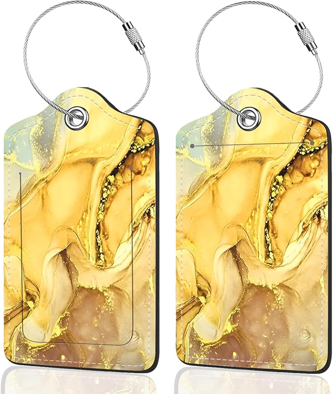 2Pack Luggage Tags for Suitcases, Cute Unique Pu Leather Cruise Luggage Tag with Privacy Cover ID Label Address Card and Metal Ring Suitable for Women Men Kids Travel Bag Golden Marble