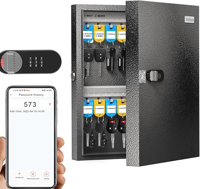 WeHere 32 Key Lock Box with Dual Lock, Combination & Key Unlock, Key Cabinet Wall Mount with Key Tag Label, Key Holder Storage Lockbox for Store, Office, Company, House, App Key Directory ERP