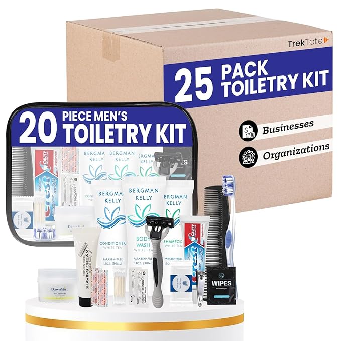 Trektote Bulk Hygiene Kit For Men And Women – (25 Pack) 20 Piece Set Of Travel Size Toiletries, TSA Compliant, Bulk Travel Essentials, Includes Shampoo And Conditioner, Body Wash, Toiletry Bag & More