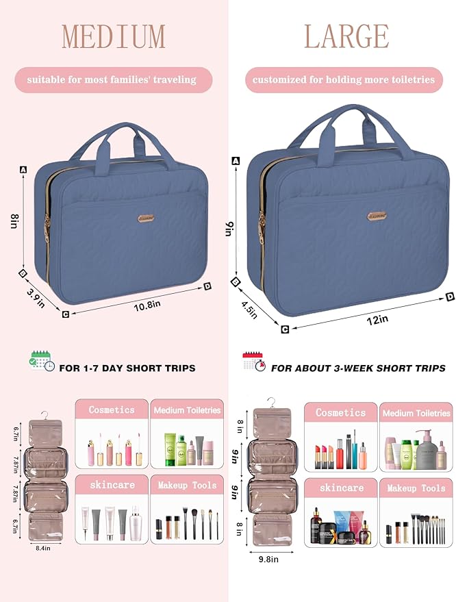 Blue Toiletry Bag, Makeup Organizer, Travel Bag For Women Mens Toiletries, Waterproof with Hanging Hook, Large Capacity