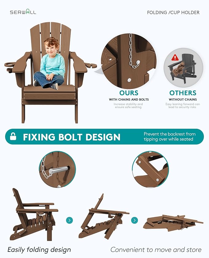 SERWALL Folding Adirondack Chair, Dual Cup Holders & All-Weather HDPE, Wood-Like Patio Chair for Backyard, Camping，Pool & Fire Pit- Brown