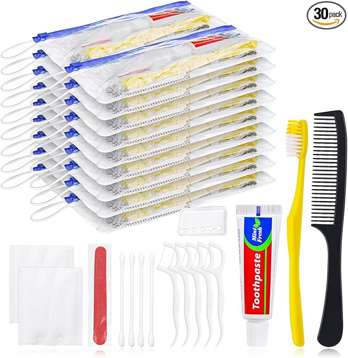 Personal Hygiene Kit Bulk Pack of 30,Yellow Disposable Toothbrushes with Toothpaste Floss Comb Cover and Hotel Vanity Set Basic Travel Toiletry Kit Supplies for Homeless,Charity,Guests