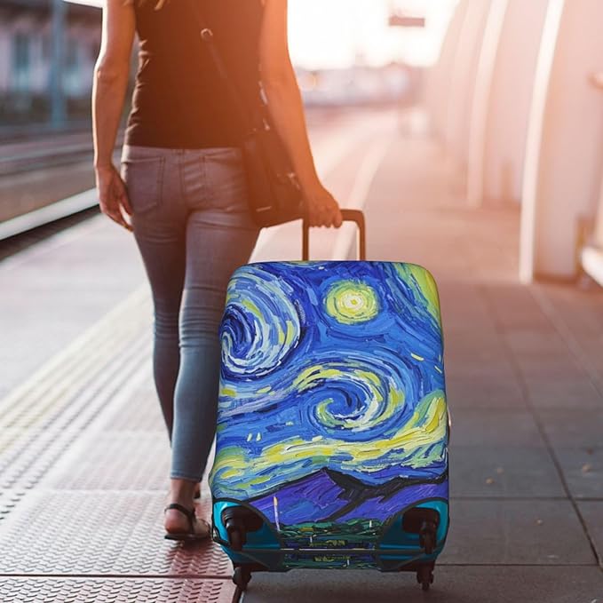 Vincent Van Gogh Starry Sky Night Luggage Cover Washable Suitcase Protector, Luggage Tag Travel Birthday Gifts For Men Women (S 18-21 Inch Luggage)
